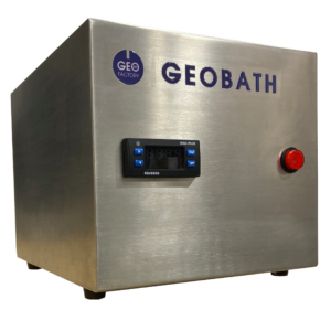 Compact stainless steel Geobath unit with digital temperature controller, designed for precise heating of geological plug samples.
