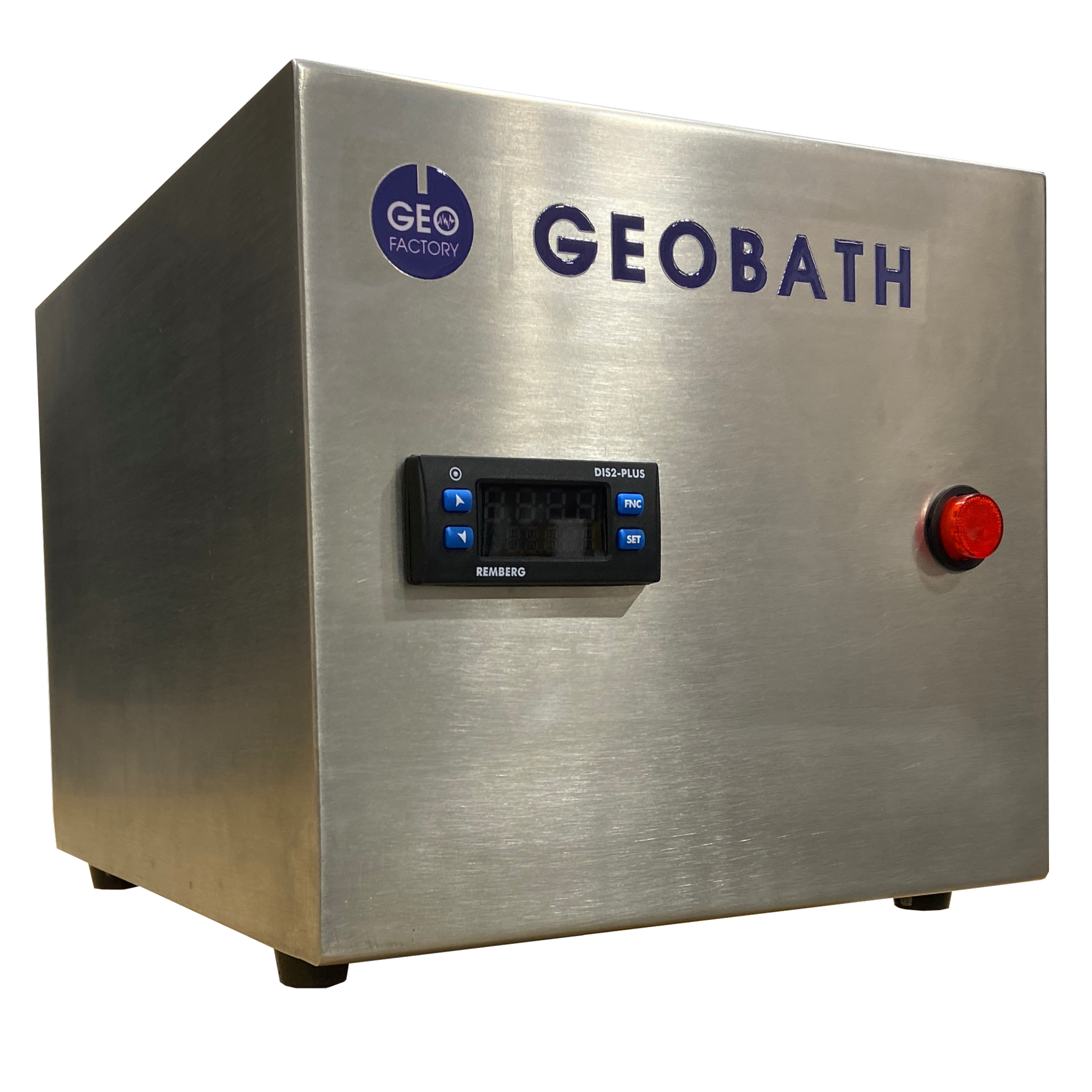 Compact stainless steel Geobath unit with digital temperature controller, designed for precise heating of geological plug samples.